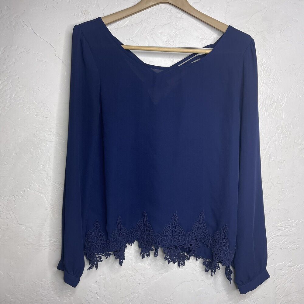 Sweet Journey Lace Top Hem Blouse Size Medium Navy Blue